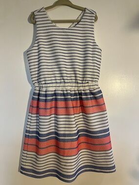 Dex Girls Sleeveless Striped Dress in White, Navy & Coral